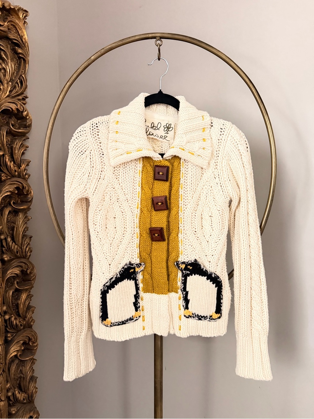 Anthropologie Cardigan - Cream Cable-Knit Sweater Penguin Pockets
